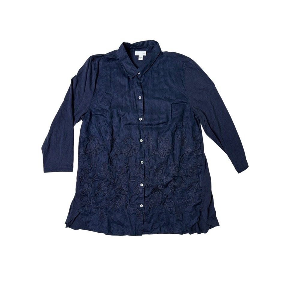 J. Jill Navy Linen Tunic M Embroidered Vines Button Down Lagenlook Coastal
